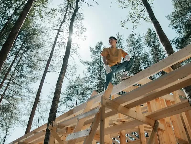 Framer standing on new roof trusses
